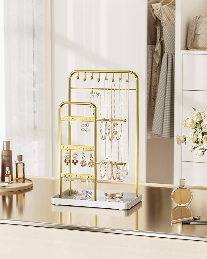pickpiff Jewelry Holder Stand: Jewelry Display for Necklace, Bracelet, Earring, Ring, White & Gold
