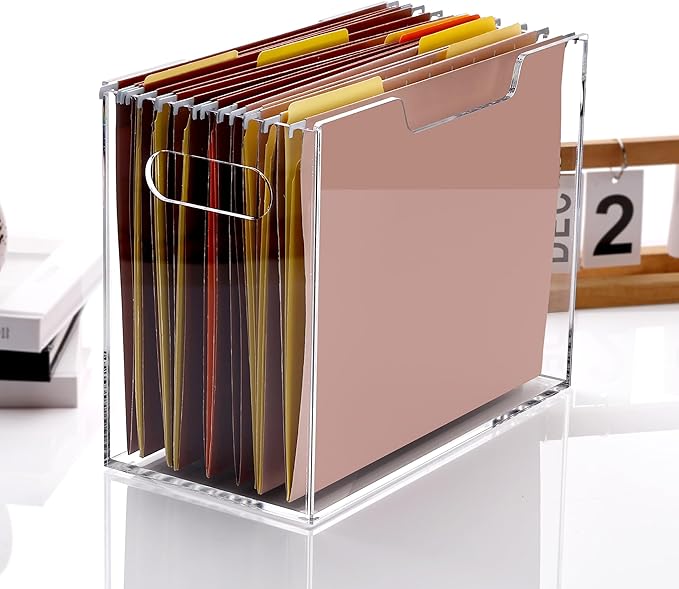 DINGHUO Acrylic File Folder Organizer Box, Letter Size Hanging File Organizer, Clear File Holder with Handles, Desktop Office Supplies Filing Storage Crate for Home Work School - 1 Pack