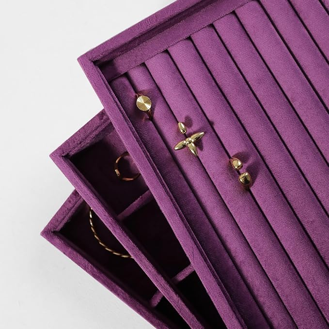 Velvet Ring Display Tray, Stackable Muilt Slot Rings Ear Stud Storage Tray, Drawer Insert Jewelry Accessories Organizers Plate (Purple)