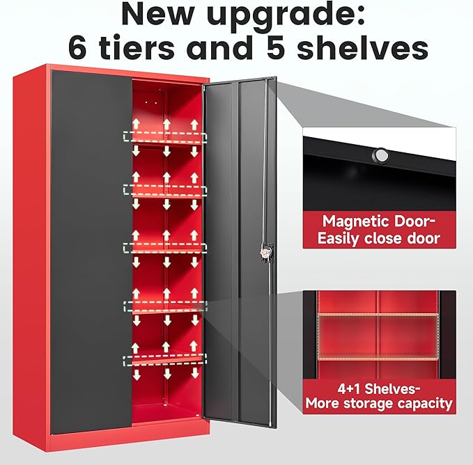 Letaya Metal Storage Cabinets with Lock, 72" Tall Locker Organizer Steel Cabinets, Adjustable Layers Shelves 2 Doors for Home, Office, Warehouse,Garage(Black Red)