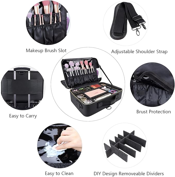 JOURMON Travel Makeup Train Case,Large Capacity Cosmetic Bags for Women,Portable Makeup Bag Organizer with Adjustable Dividers & Shoulder Strap(Black, L)