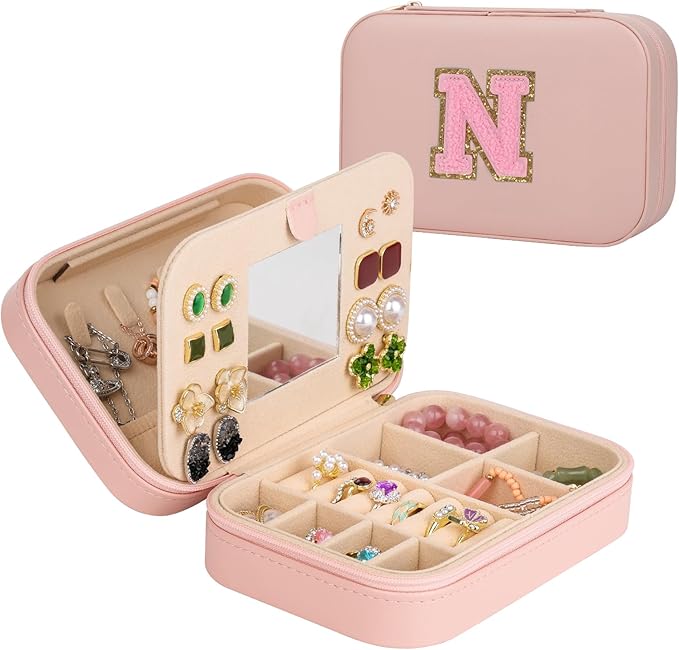 TopPerfekt Travel Jewelry Case, Jewelry Box with Mirror, Jewelry Organizer Bridal Shower Gifts to Her, Earring Storage Travel Case, Trendy Gift for Women and Girls, Girlfriend-Letter N, Pink