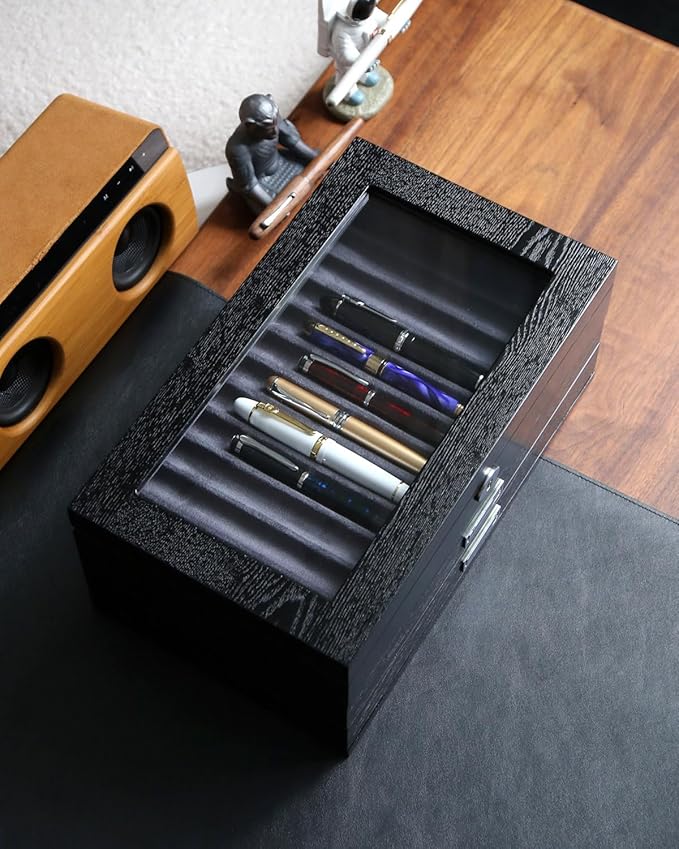 wood pen display case 36 slot Fountain pen Box storage Organizer with drawer, Top Glass Window Pen Collection Display Case