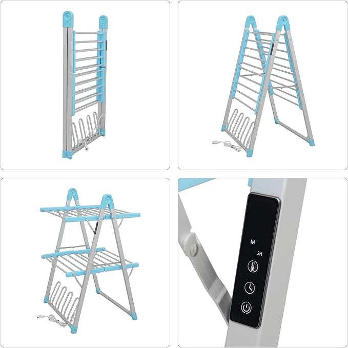 Electric Heated Clothes Drying Rack,Foldable Heated Garment Dryer with Timer Shut-Off Laundry Rack for Clothes Shoes Socks,Aluminum Alloy,Blue,Plug & Play,(39.37x25.98x23.82in)