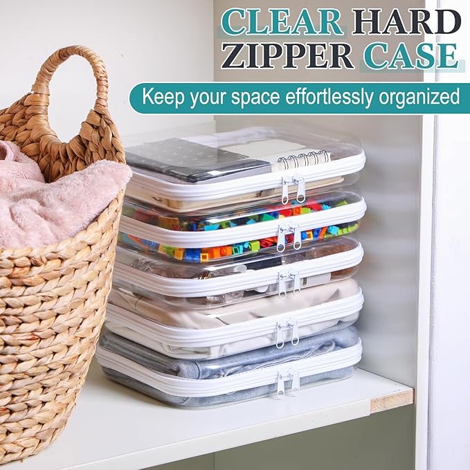 Sanwuta 6 Pcs Clear Hard Zipper Case Hard Plastic Zipper Pouches Transparent Makeup Bag Pencil Pouches for Travel Snacks Christmas Trinket Storage Organizer Box(White,9.84 x 7.87 x 2 Inch)