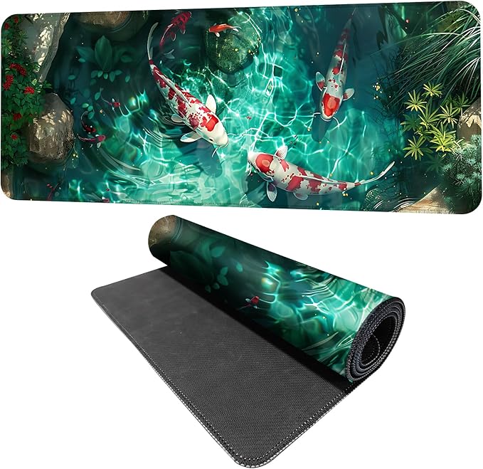 Koi Fish Mouse Pad XXL – Large Japanese Pond Desk Mat with Water Reflection, Extended Non-Slip Gaming Mousepad for Office, Home, Laptop, Workstation, 31.5 x 11.8 in