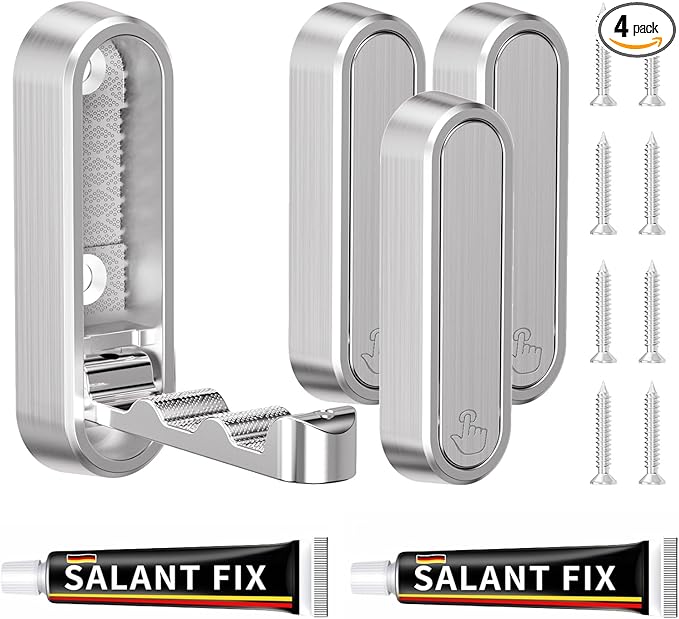 4-Pack Heavy Duty Zinc Alloy Folding Wall Hooks for Bathroom, Kitchen, Entryway, Closet - Space-Saving Design Holds Coats, Towels, Backpacks, Hats, Keys (Silver)