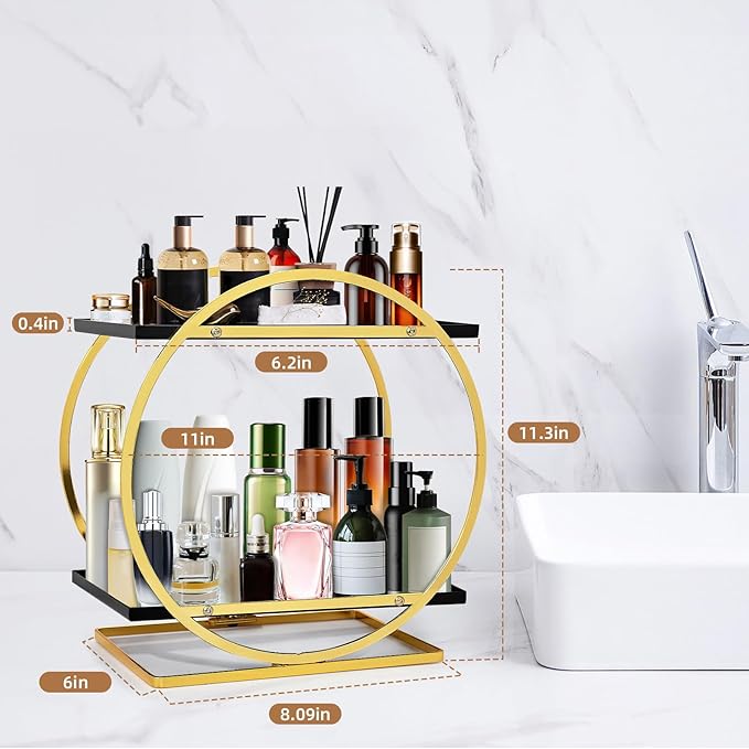 Perfume Organizer for Dresser, 2 Tier Makeup Organizer for Vanity, Bathroom Counter Organizer, Cosmetic Display Storage Gifts for Women (Black Gold)