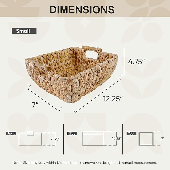 Small Rectangular Handwoven Wicker Basket - Water Hyacinth Storage Baskets with 2 Polished Wooden Handles for Store Hand Towel, Fruits & Veggies etc – 12.25"x7"x4.75" - Pack of 2 - Natural