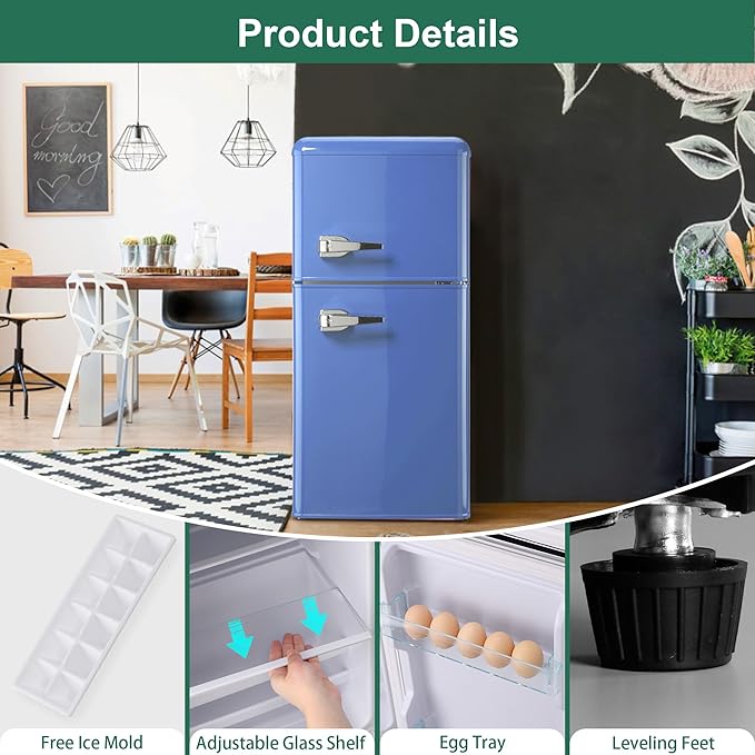 Retro Mini Fridge with Freezer, 3.2 Cu. Ft. Small Retro Refrigerator with Freezer 7-Level Adjustable Thermostat, Compact 2-Door Vintage Fridge Apartment Refrigerator for Home, Office, RV, Blue
