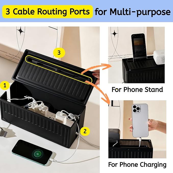 Cable Box - [142Pcs] Cable Management Kit, Medium Cord Hider Box to Conceal Power Strip Holder on Desk or Floor, Under Desk Cable Management Kit Cable Organizer Box, TV Cord Organizer Box, Black