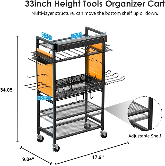 CCCEI Power Tool Organizer Cart with Charging Station, Garage Floor Rolling Storage Cart on Wheels for Mechanic, Mobile 6 Drill, Tool Box Utility Cart with Power Strip, Yellow.