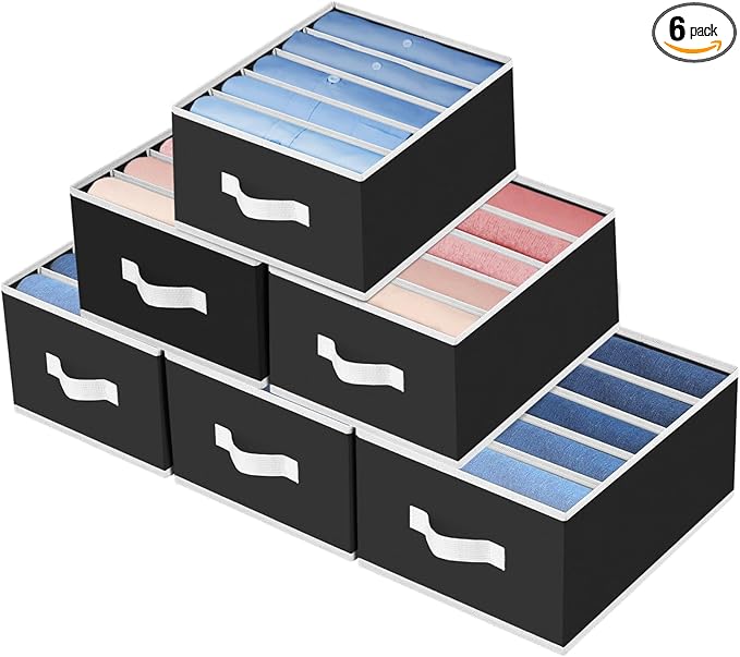 Foldable Closet Organizer with Handles - 6 Pack Fabric Wardrobe Dividers for Clothes Storage Jeans, Pants, Sweaters, T-Shirts，Black