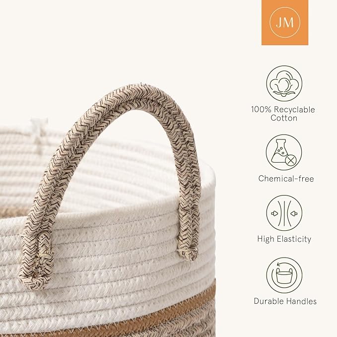 LA JOLIE MUSE Woven Basket Rope Storage Baskets - Tall Cotton Basket 16 x 14 x 14 Inches, Laundry Basket for Blanket, Kids Toy, Nursery Clothes Hamper Basket White & Desert