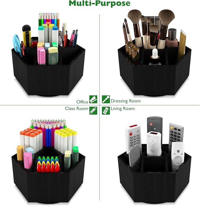 Houtingmaan Art Caddy Organizer for Kids, Bamboo Pencil Organizer with 7 Compartments, Pen Storage, Marker Holder, Desk Caddy, Black