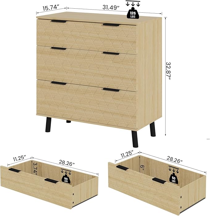 AWQM 3 Drawer Dresser for Bedroom,Large Capacity Chest of Drawers,Wood Dresser TV Stand,Drawer Organizer Storage Tower Unit for Living Room, Hallway,Natural