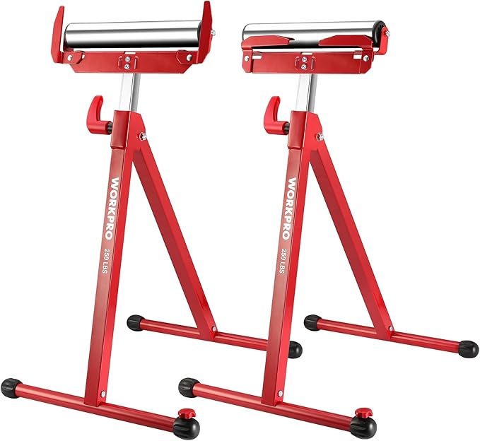 WORKPRO Folding Roller Stand Height Adjustable, Heavy Duty 250 LB Load Capacity, Outfeed Woodworking (Upgraded head)