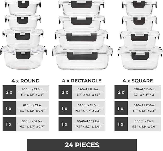 Freshware Glass Storage Containers with Lids, 24 Pieces, 12 Containers with 12 Lids, Glass Meal Prep Container for Lunch, Food Storage Containers, Leak Proof, Freezer Safe, Clear