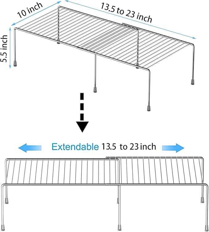 Redrubbit Cabinet Storage Shelf Rack, 4 Piece Expandable Metal Rustproof Kitchen Counter and Cabinet Shelf, Storage Rack Organizer Space Saver for Kitchen, Fridge, Cabinet, Bathroom, Chrome, Set of 2