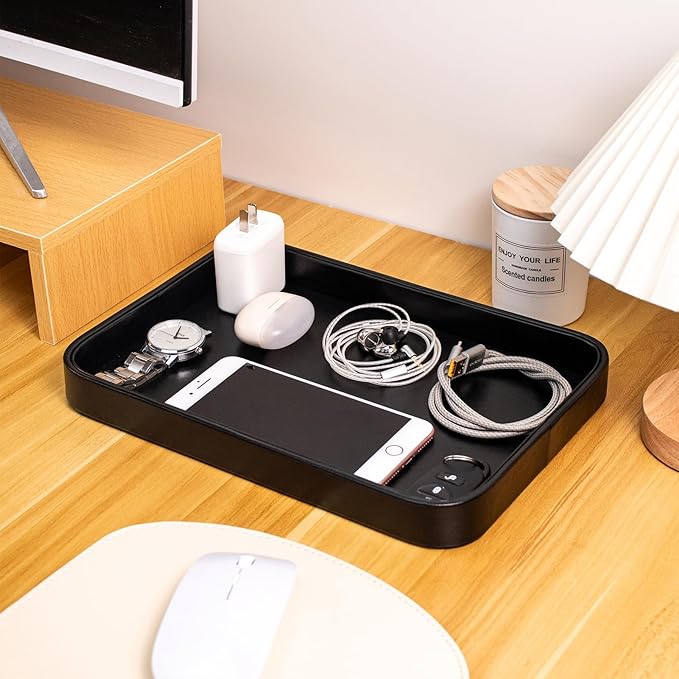 SANQIANWAN Faux Leather Valet Tray for Men Nightstand Bedside Entry Table Tray Catchall Tray for Keys,Wallet,Phone,Watch,Jelwery and Coin Gift for Dad Husband Boyfriend Uncle (Black)