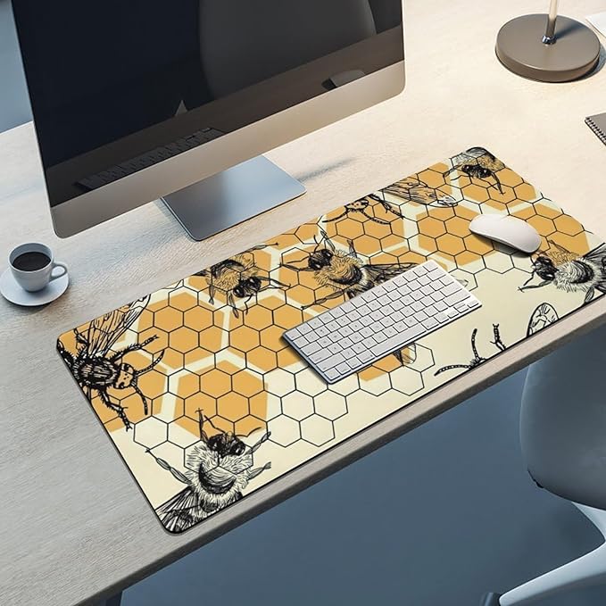 Bee and Honeycomb Large Mouse Pad, Vintage Aesthetic Gaming Desk Mat, XXL Keyboard Desk Pad Mat for Desktop, 35.4"x15.7" Non-Slip Base Big Mousepad with Stitched Edges