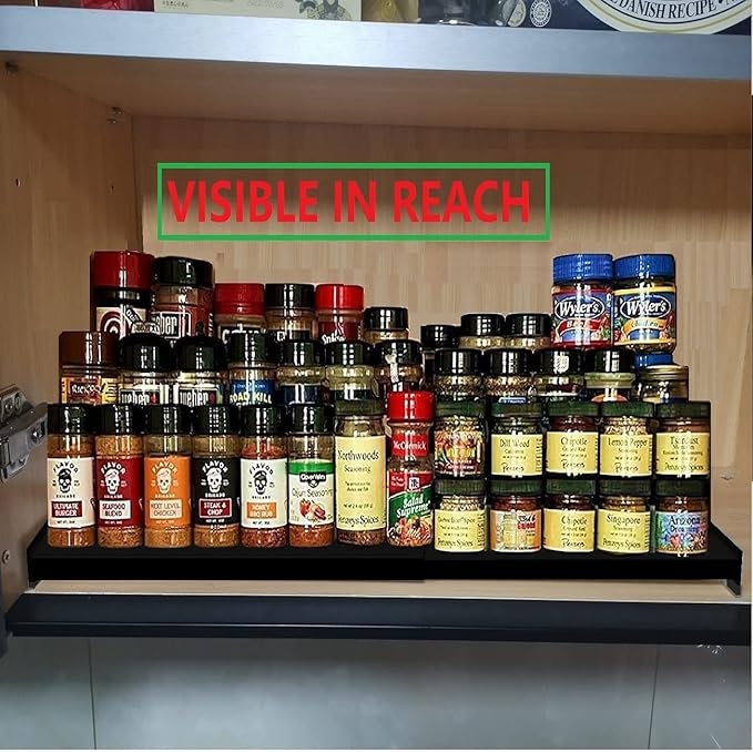 Spice Rack Organizer for Cabinet, 3 Tier Expandable Spices Storage, Great for Kitchen Cabinets, Cupboard,Pantry and Countertop More 2 Packs/Black