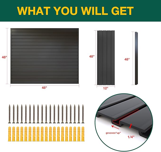 Yuzzy Slat Wall Paneling 4 x 4ft, Garage Slatwall Panel Wall Storage Systems, Heavy Duty PVC Garage Wall Organization (Black)