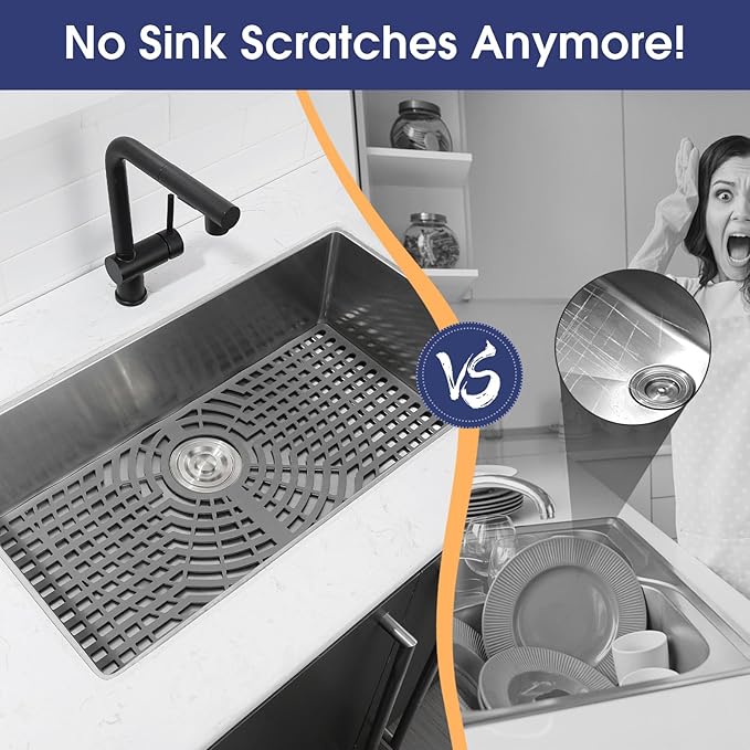 Silicone Sink Protector 26“x14" Rear Drain Hole, Heat Resistant Non-slip Dishwasher Suitable, Large Sink Mat for Bottom of Farmhouse Kitchen Stainless Steel Sinks(Grey）