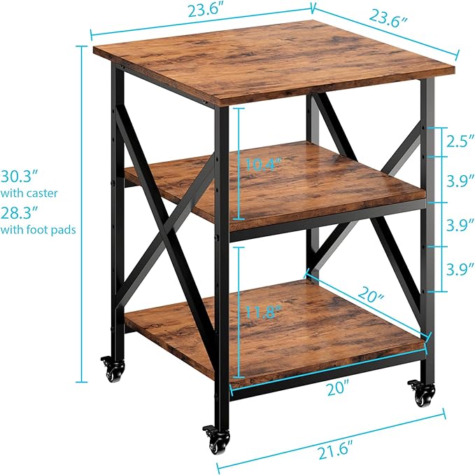 Ollieroo 3 Tier Printer Stand, Large Table with Wheels, Rolling Cart with Height Adjustable Middle Storage Shelf, 23.6 x 23.6 x 30.3 Inches Shelf for Home Office, Vintage Brown
