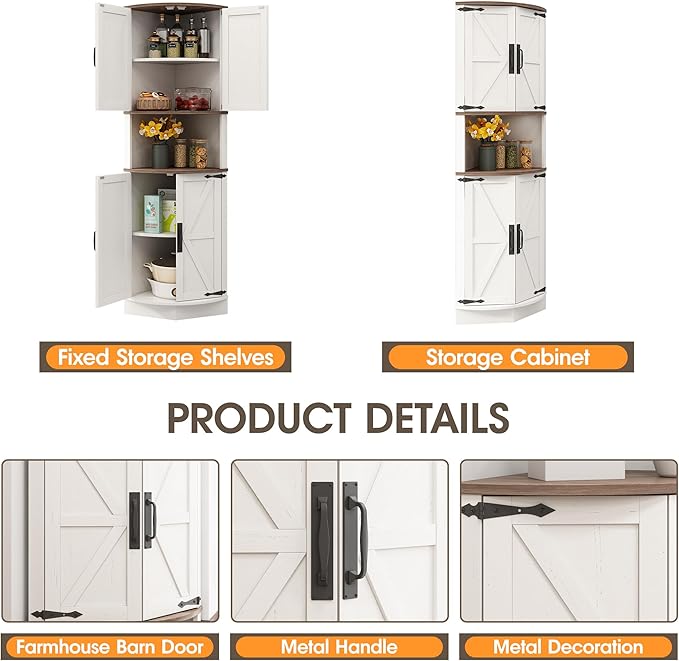 Vabches 64.8" Tall Farmhouse Corner Cabinet with 4 Doors and 5 Storage Shelves, Farmhouse Storage Cabinet with Barn Door Design, Home Space Saver for Living Room, Kitchen, Laundry Room,White