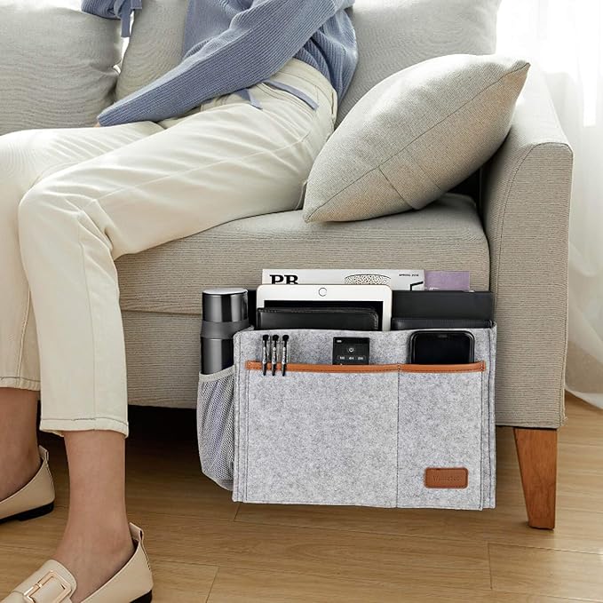 Bedside Caddy, Felt Bed Storage Organizer Hanging Bag Holder with 5 Pockets, Magazine Book Phone Tablet iPad Cables Remote and Water Bottle Holder for Home Dorm Bed Sofa, Light Gray