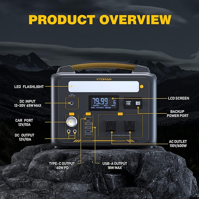 VTOMAN Jump 600X Portable Power Station with 110W Solar Panel, 600W/299Wh LiFePO4 Battery Solar Generator, 1200W AC Outlet, PD 60W USB-C, 3x Regulated 12V/10A DC for RV, Outdoor Camping, Home Backup