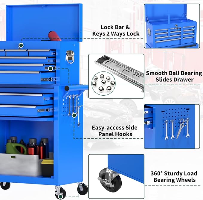 8-Drawer Heavy Duty Tool Chest with Wheels - Industrial Rolling Tool Box, Lockable Drawers & Smooth Glide System for Mechanics, Garage, Auto Repair Shop(Blue)