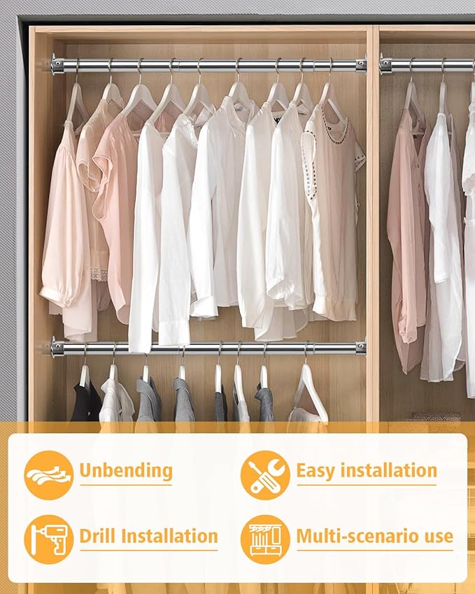 Closet Rod, 17 to 39 Inch Heavy Duty Adjustable Metal Clothing Rack for Hanging Clothes, Closet Poles for Wardrobes, Laundry, Durable Steel, Silver