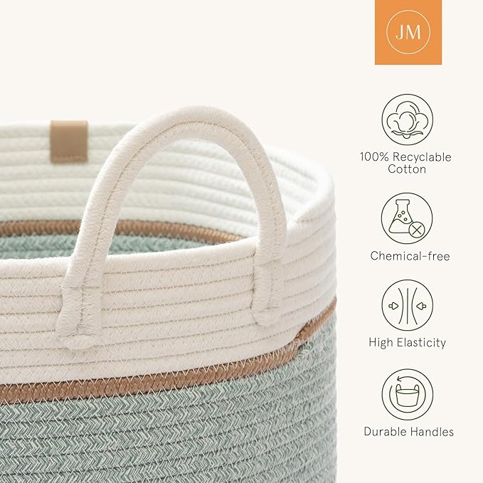 LA JOLIE MUSE Braided Basket, Cotton Rope Storage Baskets, Large Cotton Basket, Laundry Basket for Blanket, Children's Toys, Basket S Laundry Basket for Children's Room, Ivy Green, 32 Liter