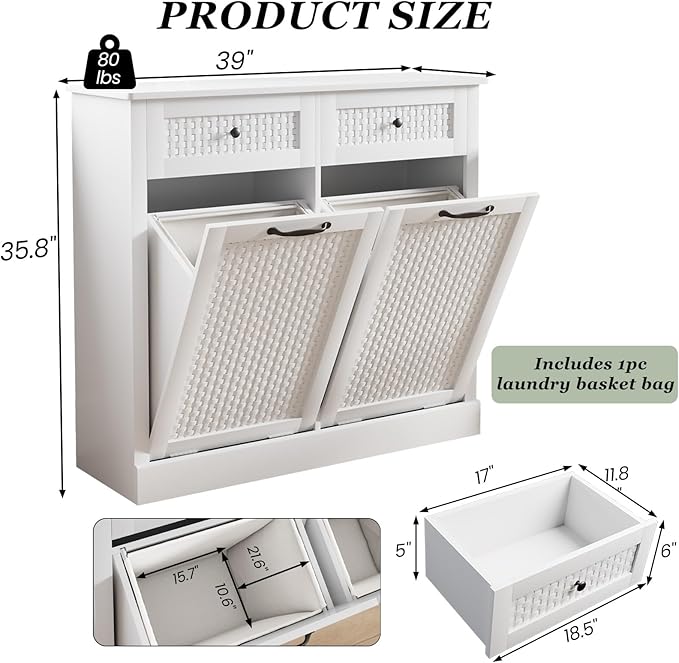 Double Tilt Out Laundry Hamper Cabinet,10 Gallon Laundry Cabinet with Drawers ＆ 2 Hidden Baskets, Farmhouse Storage Basket for Laundry Room, Bathroom, Kitchen, Wood, White