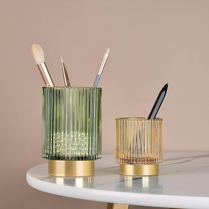 CANITORON Makeup Brush Holder,2 Pack Glass Makeup Brush Holder Organizer Store Cosmetic Tools,Eyeliner,Storage Organizer for Vanity,Bathroom and Bedroom Countertop Storage.(Amber S+L)