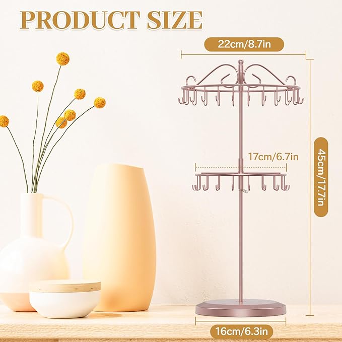 MODOWEY Rotating Necklace Holder Organizer Display Stand with 42 Hooks, 2 Tier Adjustable Metal Tree for Long Necklace Hanger, Tall Spinning Bracelet Storage Rack for Men Women, Rose gold