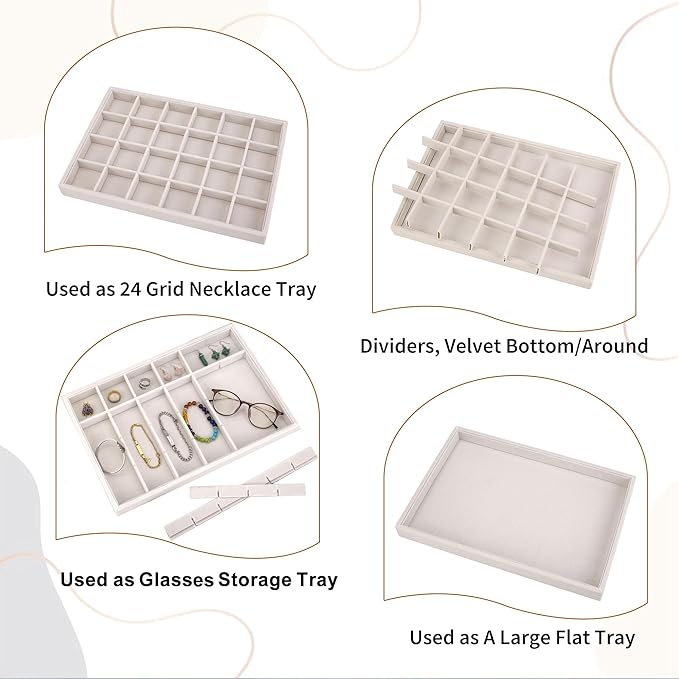 Mornajina 24 Grids Velvet Jewelry Tray Jewelry Display Tray, Stackable Empty Plate Trays for Earrings Necklaces Bracelet Rings Display Showcase - Beige