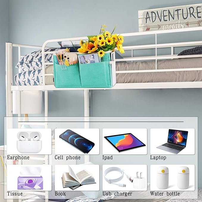 Bedside Caddy Bedside Storage Organizer Hanging Bunk Bed Dorm Room with Side Pockets for Water Bottles, Books, Cell Phones, Headphones 2 Pack (Light Blue)