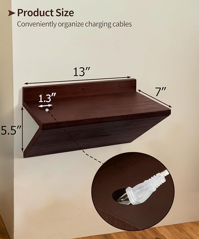 Floating Nightstand, Modern Wood Floating Bedside Table Z-Shape Wall Mounted Nightstand Small Hanging Night Stands for Bedroom (2, Dark Cherry)