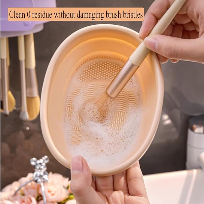 Makeup Brush Cleaner Mat,3 in 1 Upgraded Foldable Silicone Makeup Brush Cleaner Cosmetic Brush Cleaner Makeup Brush Scrubber Bowl for Cleaning, Organizer And Upside Down Drying(Foldable Purple)