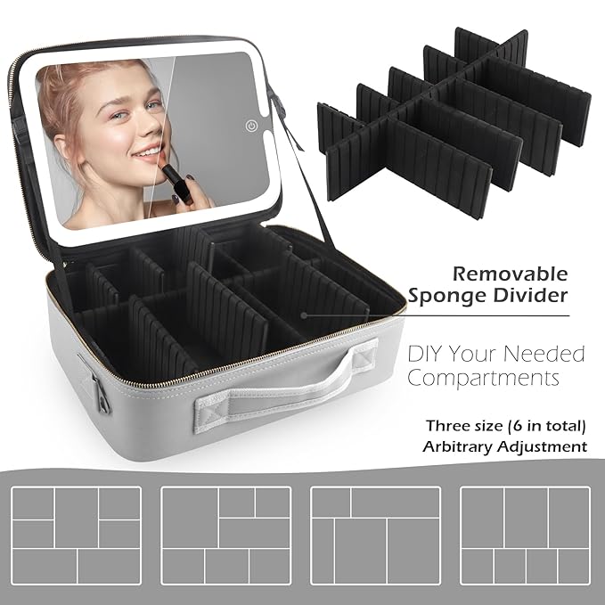 MOMIRA Large Makeup Train Case with Lighted and Mirror 14inch Partitionable Cosmetic Bag Travel Makeup Case Professional Cosmetic Artist Organizer, Waterproof Portable, with Shoulder Stra Silver