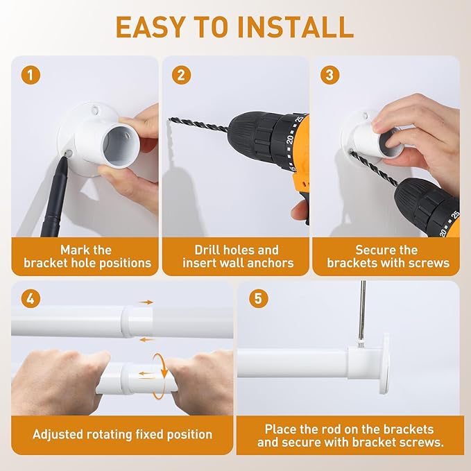 White Adjustable Closet Rod 18-77 Inches, Heavy Duty Metal Clothes Hanging Rod, Rust-Proof Non-Slip Wardrobe Bar for Closet, Laundry Room, RV