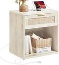 LEYAOYAO Rattan Nightstands Set of 2 with Charging Station, Grey White Night Stand with Drawer, 23" Wide Boho Bedside Table with Storage Shelf, Bed Side End Tables for Bedroom, Living Room, Hallway