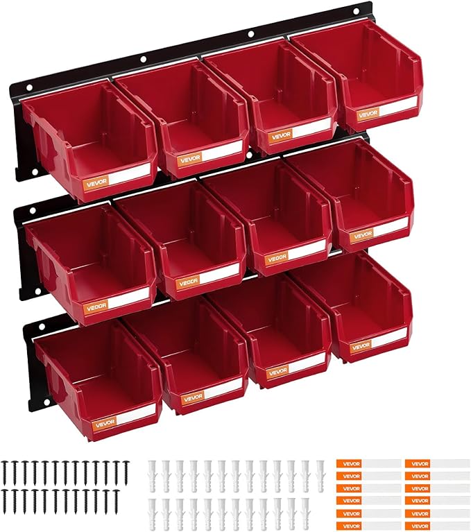 VEVOR Wall Mounted Storage Bins, 12 Plastic Bins & 3 Metal Rails, Plastic Hanging Stackable Storage Bin for Screws, Nuts, Bolts, Nails, Hardware Tool Organizer for Workshop, Craft Room, Garage, Red