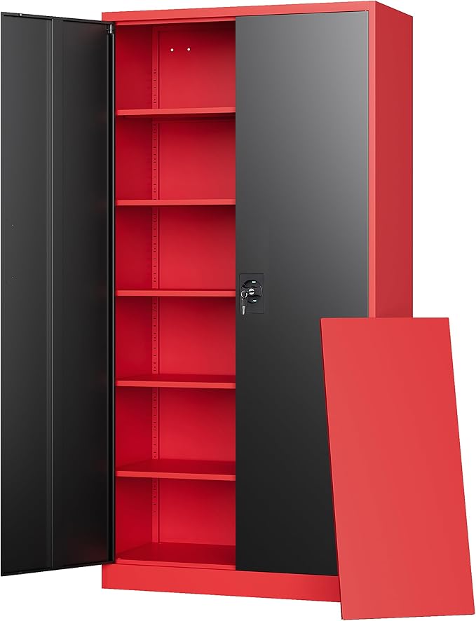 Letaya Metal Storage Cabinets with Lock, 71" Tall Locker Organizer Steel Cabinets, Adjustable Shelves 2 Doors for Home, Office, Warehouse,Garage,Industrial,Employee Lockers (Style B, Black Red)