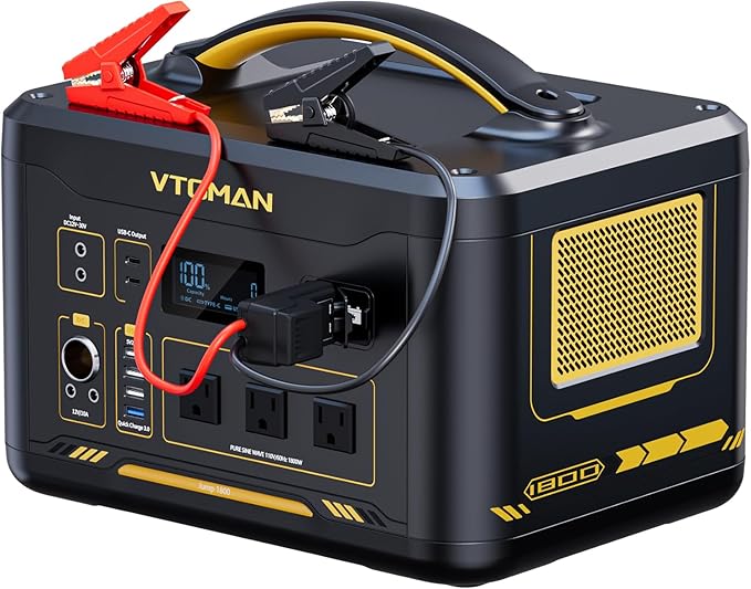 VTOMAN Jump 1800 Portable Power Station with Jumper Cables, 1548Wh LiFePO4 Battery Solar Generator & Car Jump Starter, 1800W 3xAC Outlets, 2xPD 100W Type-C, Large Capacity for Camping Roadside Rescue