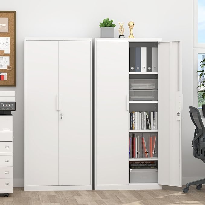 Metal Locking Cabinet, 71" H Metal Garage Cabinets with Adjustable Shelves, Heavy Duty Tall Cabinet for School/Office/Home, Large Storage Cabinet with Doors and Keys, White