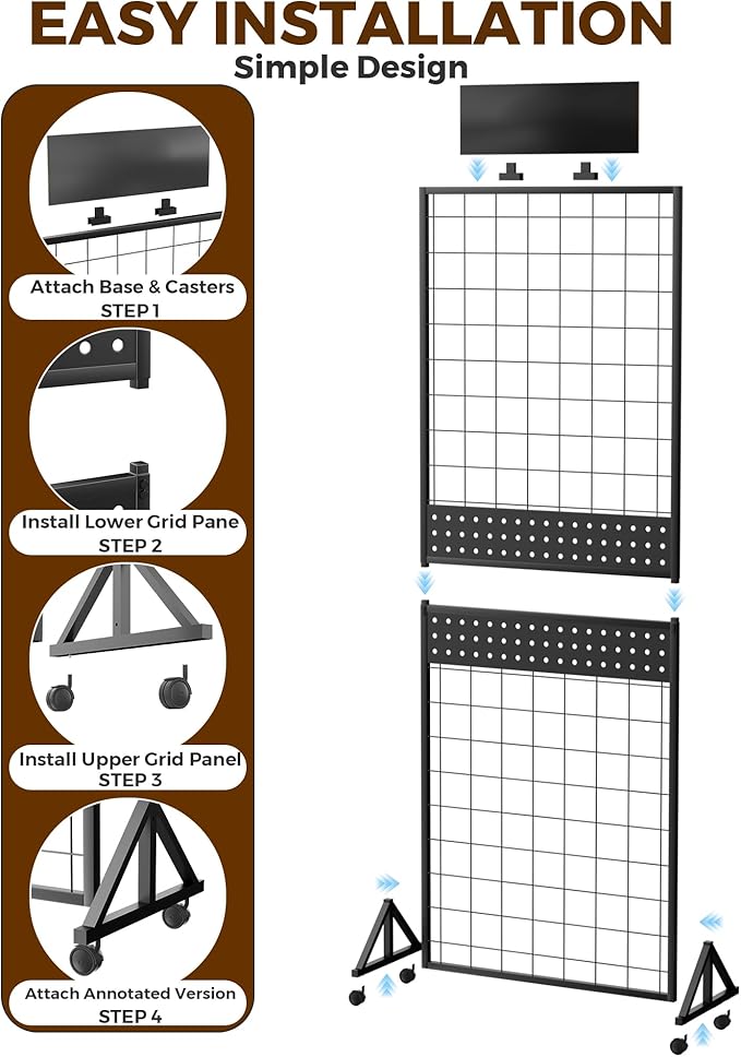 6' x 2' Ft Grid Wall Panel, Pegboard Gridwall Display Stand with Notice board, Sturdy Floorstanding Wire Grid Rack, Movable Silent Wheel for Home Organization Retail Trade Art Craft Show Vendor
